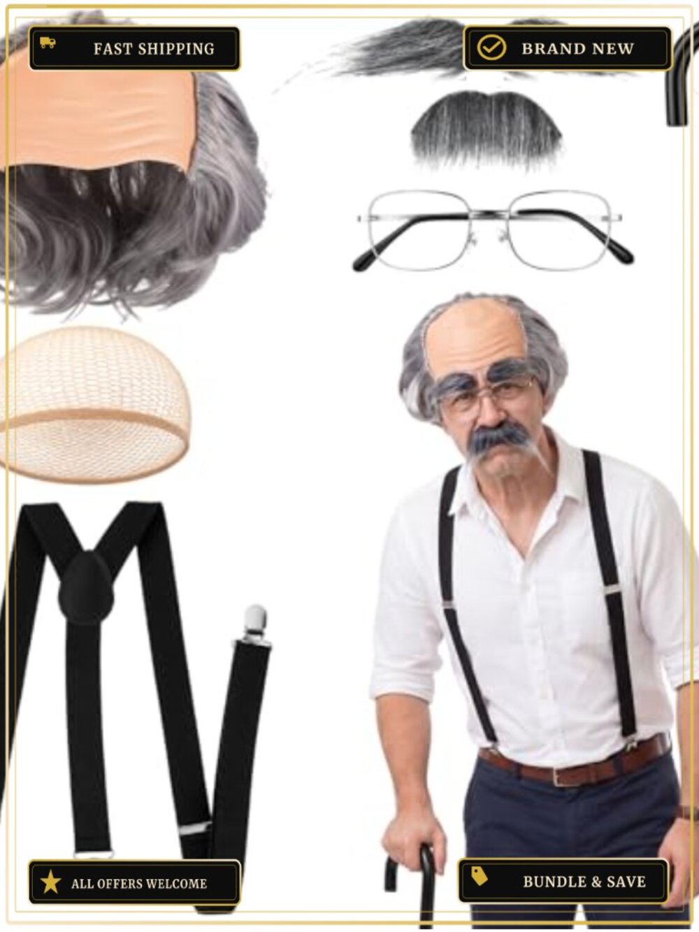 Old Man Costume Set 6Pc Wig Eyebrow Mustache Suspenders Cane Cosplay